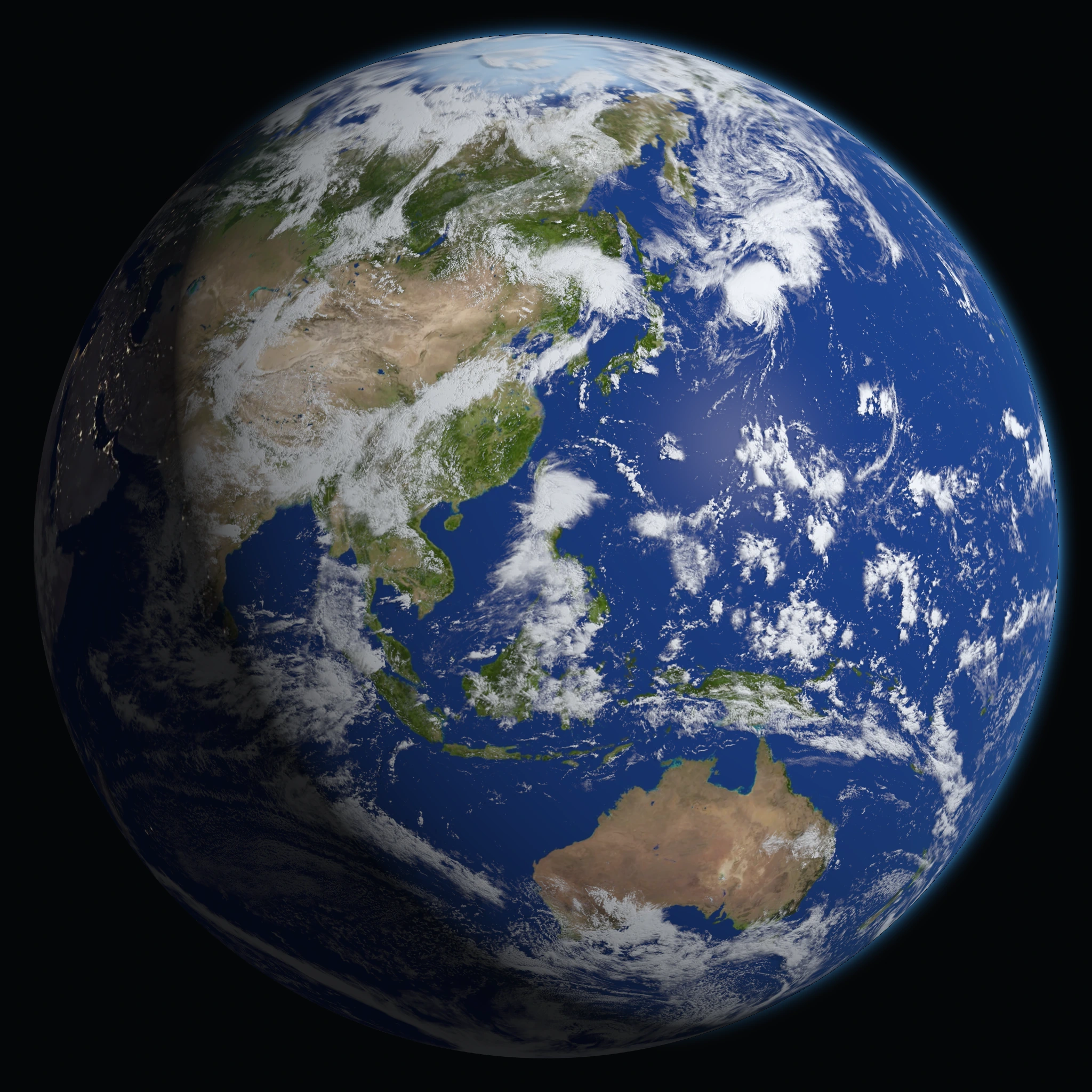 Earth with detailed clouds and a thin blue atmosphere, rendered from the same scene as the rotating globe
