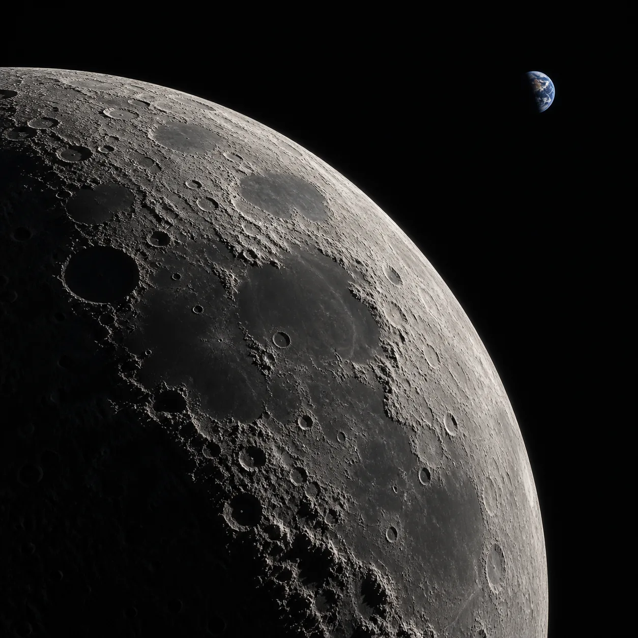 Promotional concept artwork of detailed lunar terrain and a small distant Earth